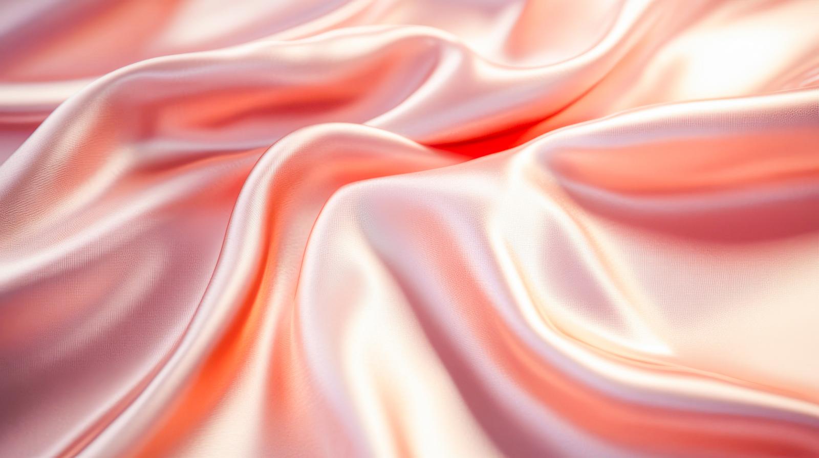 ピンクからオレンジへグラデーションする波状のしわが入った光沢のある布地