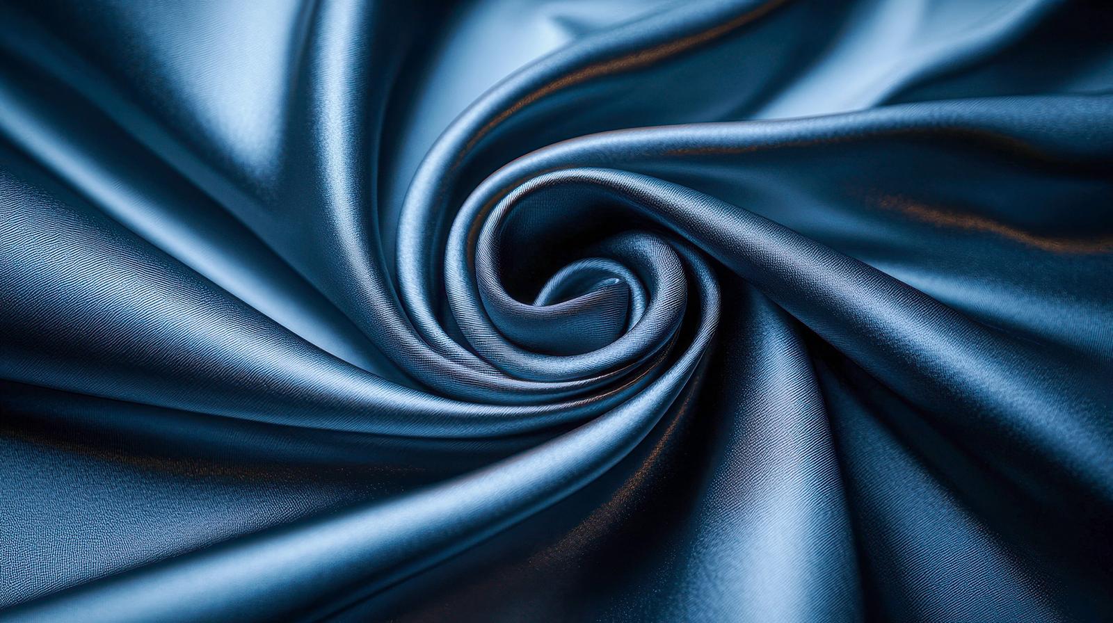 ロイヤルブルーのサテン生地がスパイラル状にドレープした光沢感のある素材表現