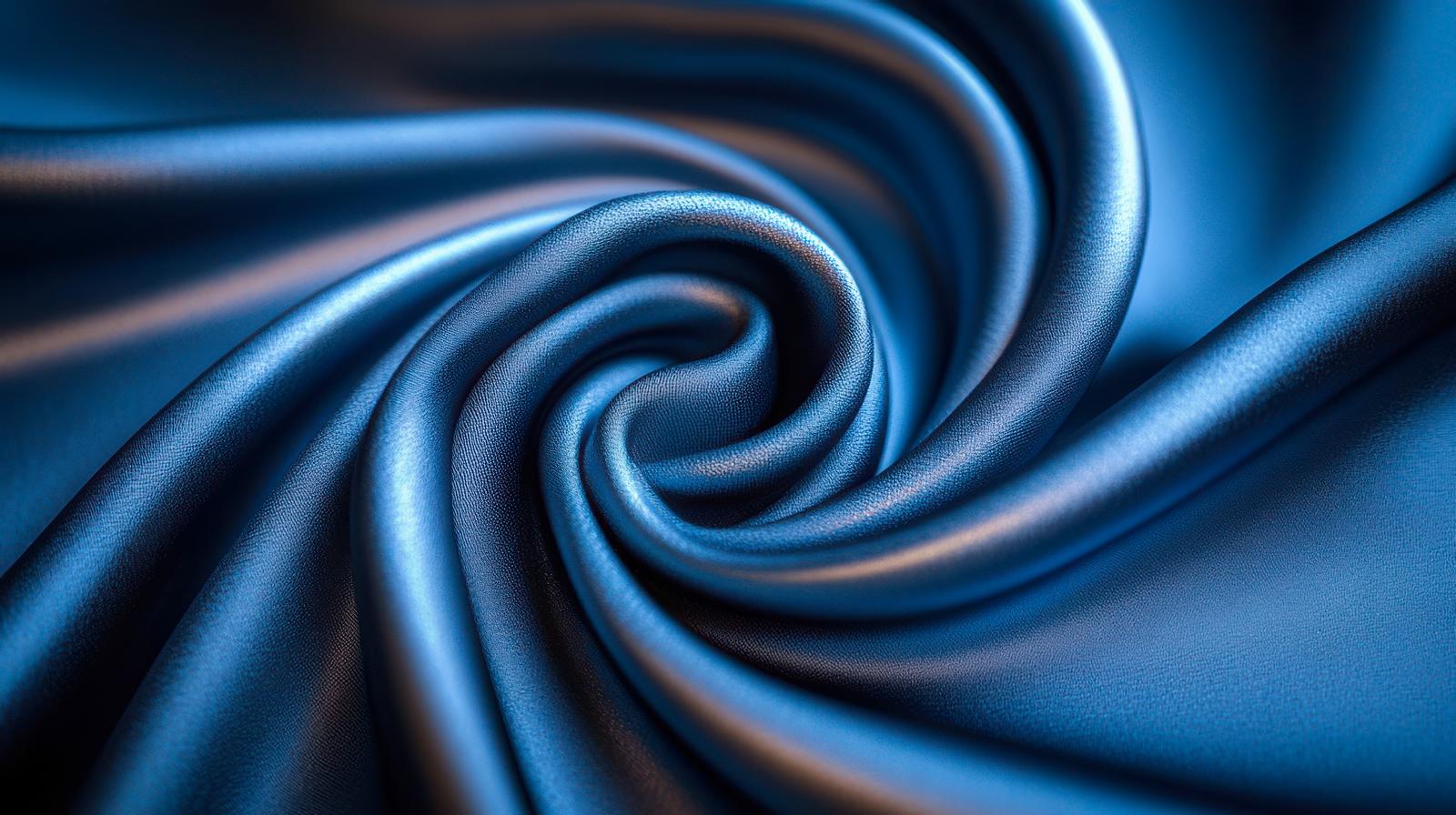 青いサテン生地が渦巻き状に折れ曲がり、光沢と立体感を表現した画像