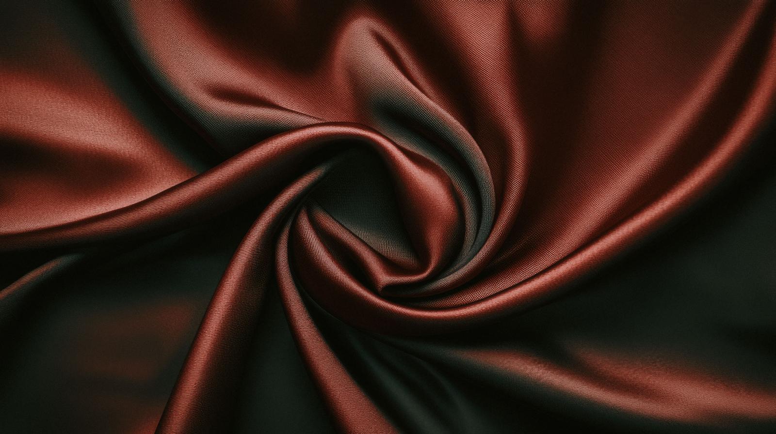 深紅色のサテン生地が光沢を帯びて優美な渦巻きを描く