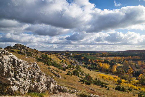 チェンストホバの丘陵を彩る秋の山岳風景と黄金のカラマツ林