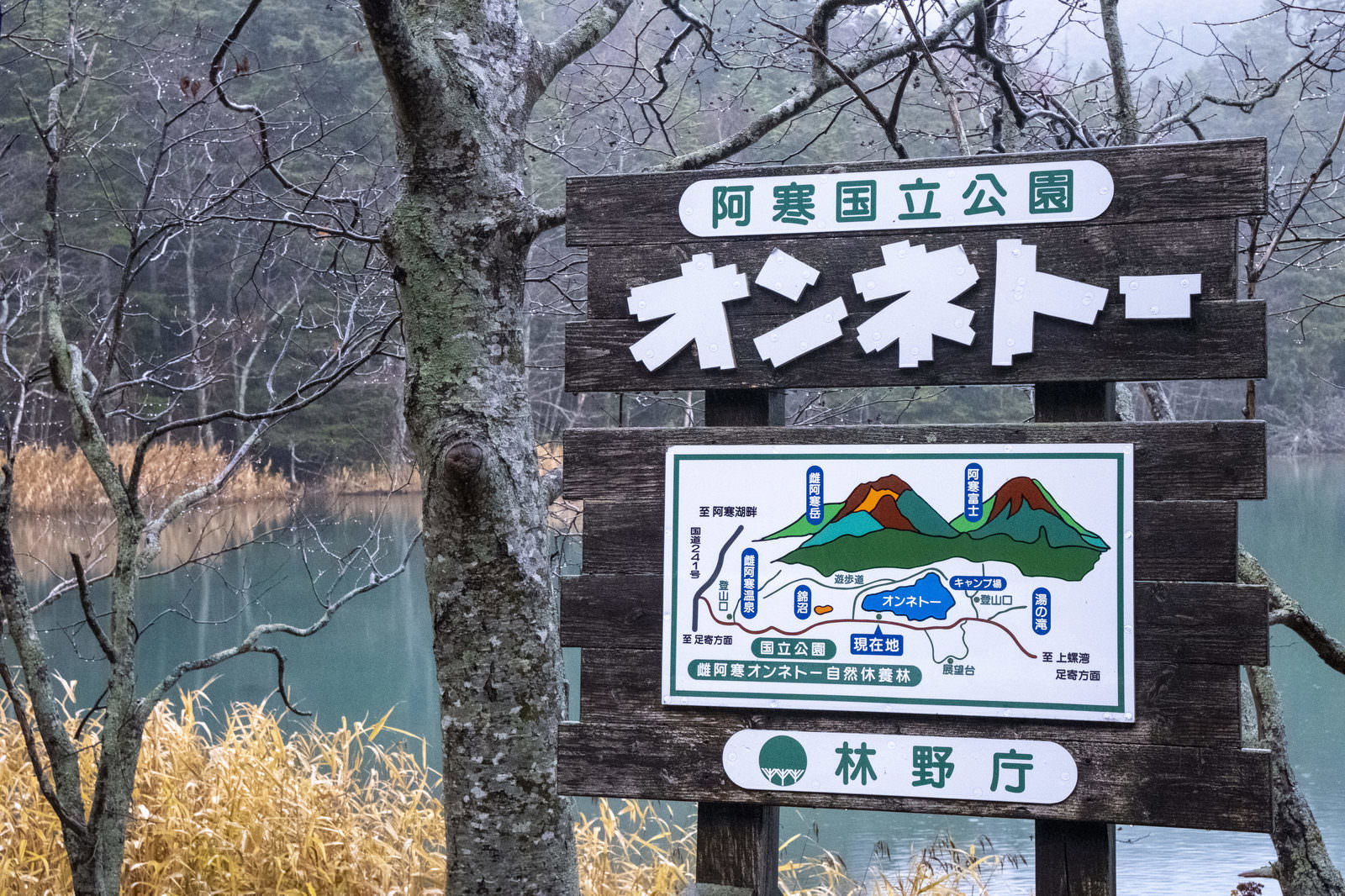 北海道阿寒国立公園オンネトーの木製案内板と背景の湖畔風景