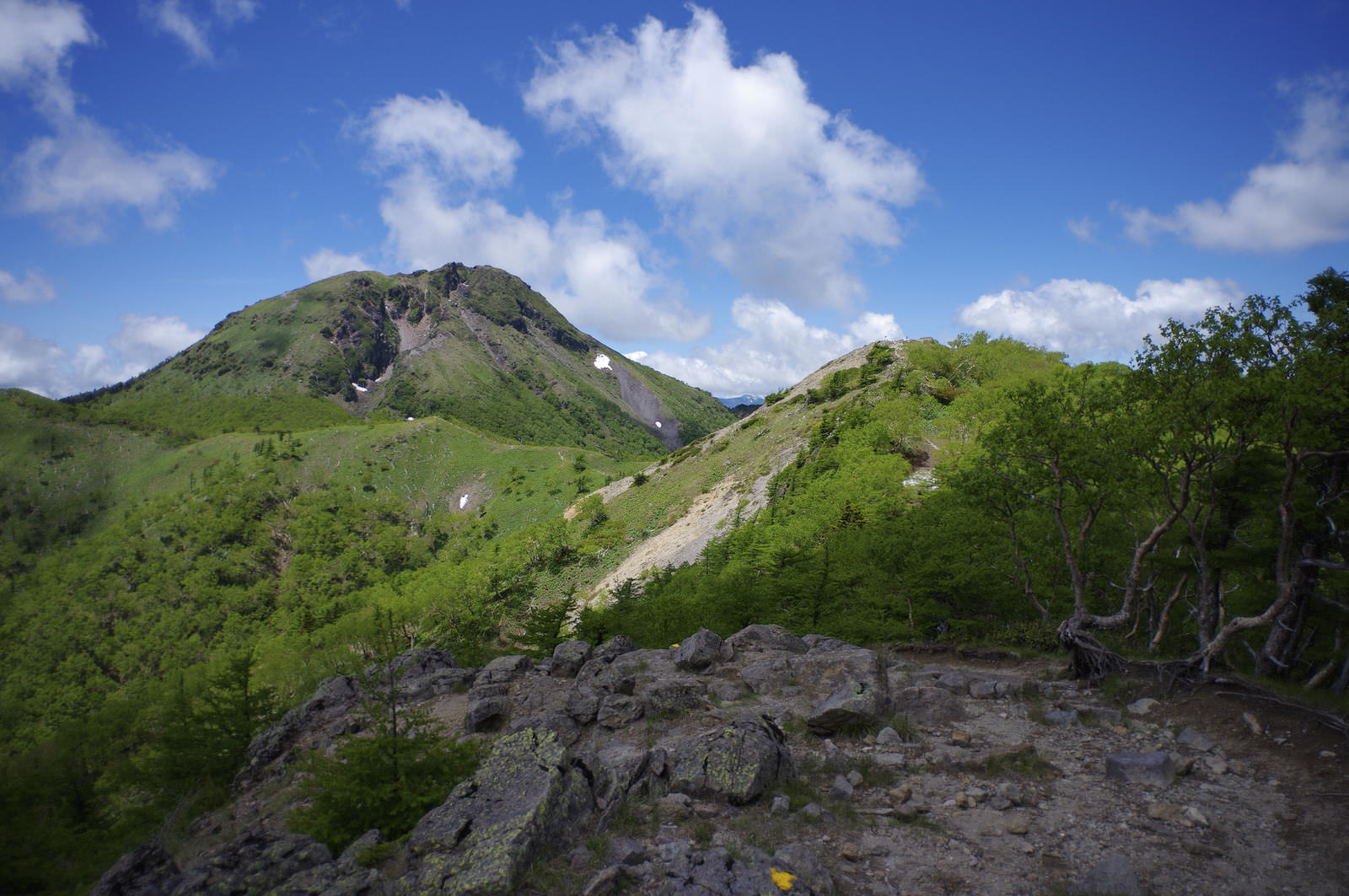 前白根山登山道から望む日光白根山の風景、青空と白い雲、緑の山々と岩場
