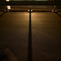 高架下の街灯に照らされたガードレールのシルエットの写真