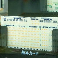 競馬の投票カード（馬券）の白いカードに青い文字で印刷された複数枚の写真