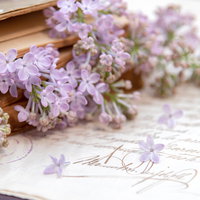 洋書に添えたたくさんのライラックの花と手紙の写真