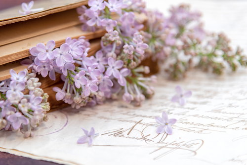 洋書に添えたたくさんのライラックの花と手紙