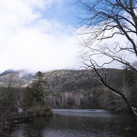 北海道・阿寒湖と立ち枯れの山々の冬景色の写真