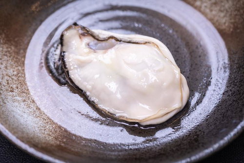 白い皿に盛った生牡蠣と黒い殻