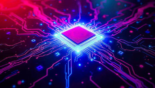 青く光る回路に囲まれたCPUチップ
