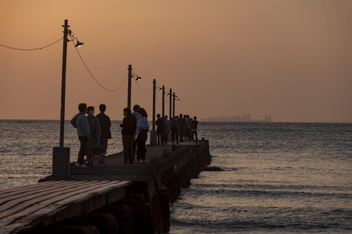 千葉県南房総市・原岡桟橋で夕焼けの中並ぶ観光客たち