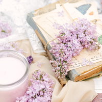 開かれた古書の上に散るライラックの花と手紙の写真