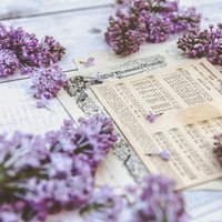 古びた楽譜を彩るライラックの生花アレンジメントの写真