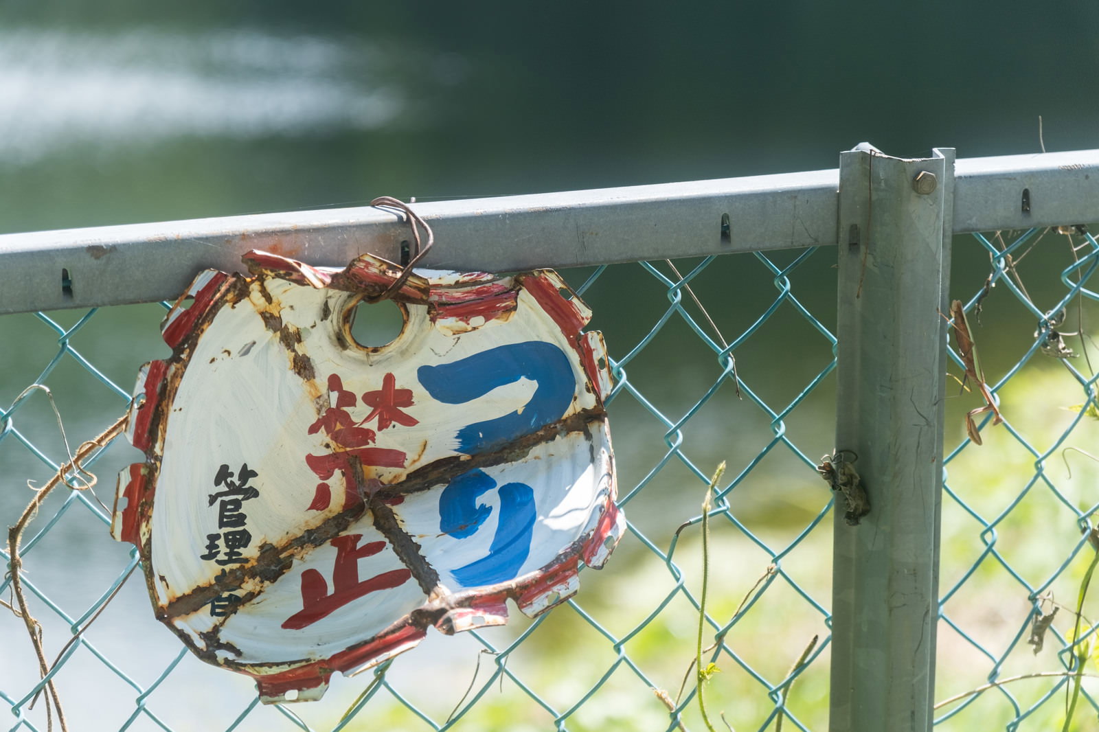 金属フェンスに取り付けられた、劣化した釣り禁止の警告看板