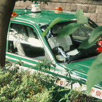 木陰に停車して休憩するタクシーと運転手の様子の写真