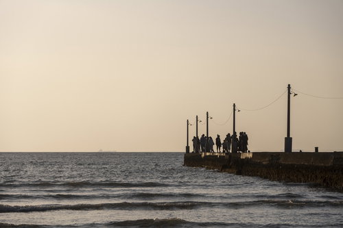 千葉県南房総市・打ち寄せる波と原岡桟橋のシルエット