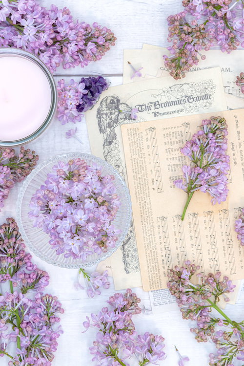 デスクに散らばる紫色のライラックと楽譜、キャンドル