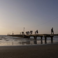 千葉県南房総市・原岡桟橋を渡る人々と夕暮れの海景観の写真