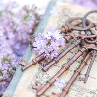 淡い紫のライラックに寄り添う古い鍵と洋書の写真