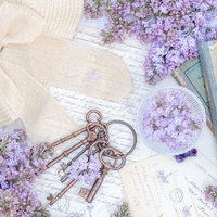 散らばった葉書と手紙を取り巻くライラックと雑貨たちの写真