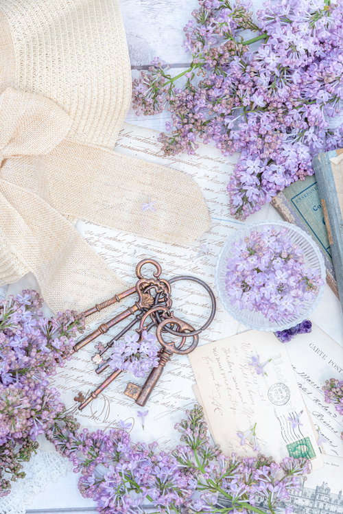 散らばった葉書と手紙を取り巻くライラックと雑貨たち