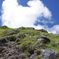 青い空と白い雲がまぶしい日光白根山の登山道の写真