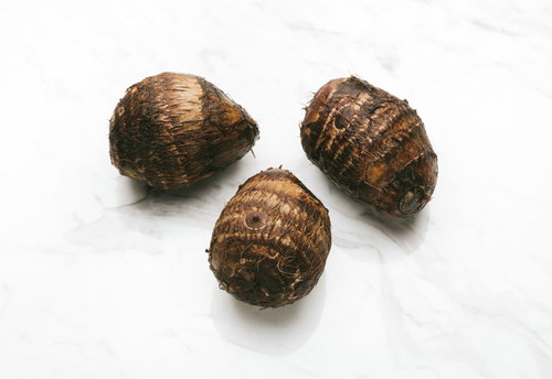 土がついた採れたての里芋、根菜類の新鮮な農産物