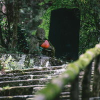 緑に包まれた石段の上で赤い果実を持つ羅漢像の写真