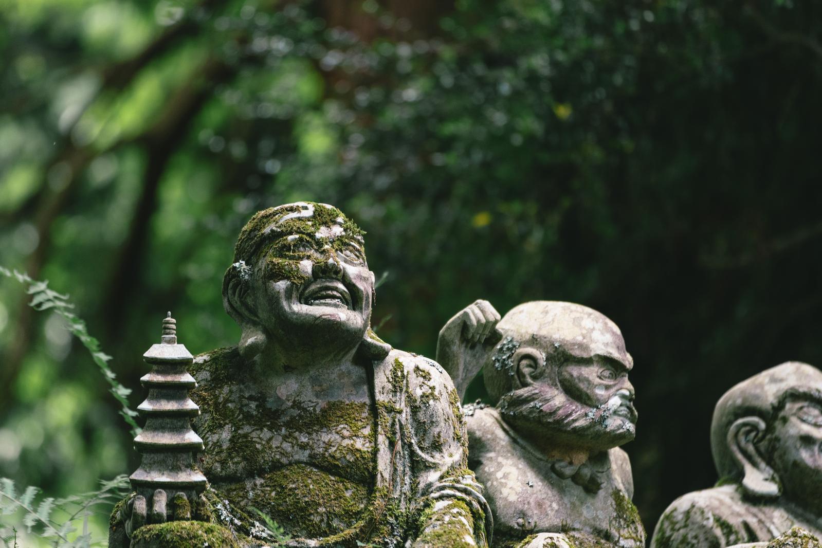東堂山満福寺の境内に並ぶ苔むした笑顔の羅漢石像