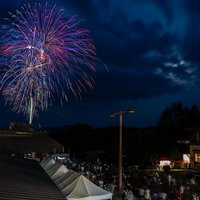 三春町の夜空を彩る紫と白の大輪打ち上げ花火の写真