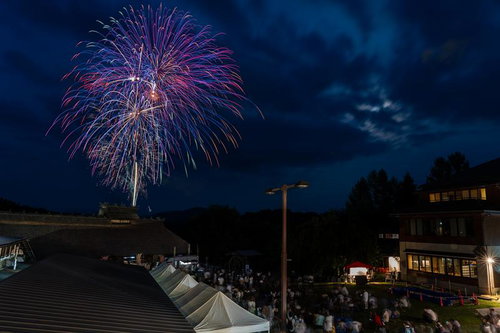 三春町の夜空を彩る紫と白の大輪打ち上げ花火