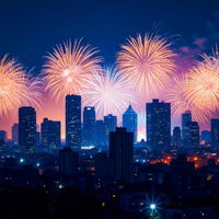 夜空に咲く花火と都市のビル群の写真