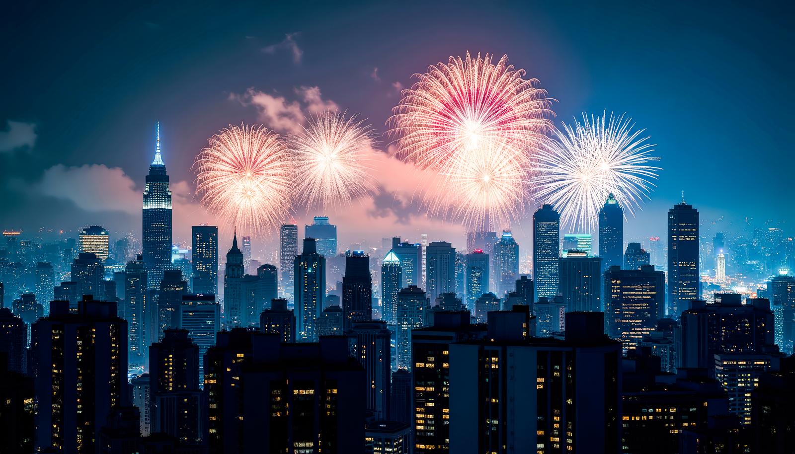 Pink and blue fireworks (Hanabi) illuminating the night sky above skyscrapers (Kōsō Biru)