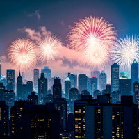 高層ビル群上空で打ち上がるピンク色の花火イベントの写真