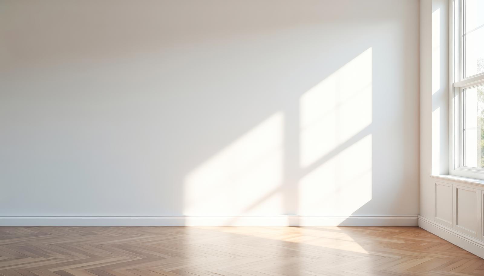 自然光が差し込むモダンなリビング空間、白い壁と木製床