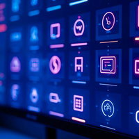 ピンク色に光るネオン調アイコンが並ぶモニター画面とデジタルUIの写真