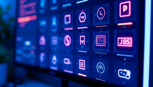 ピンク色に光るネオン調アイコンが並ぶモニター画面とデジタルUI