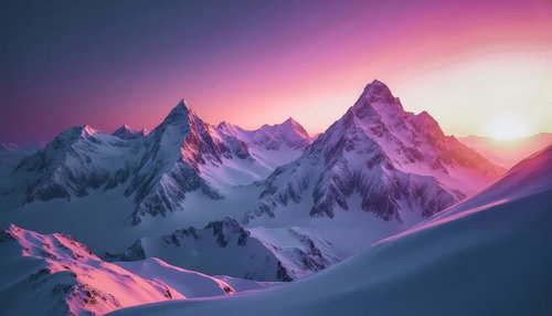 ピンク紫に染まった雪山連峰の夕暮れ風景の高山絶景景観