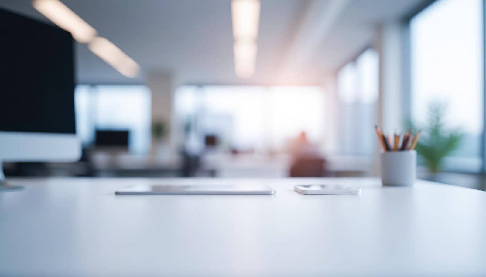白いデスクの上に置かれたペンスタンドと書類、奥に見える窓と職場環境