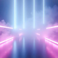 ネオン管でライトアップされたランウェイの通路の写真