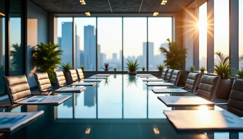 夕日が差し込む高層階の会議室