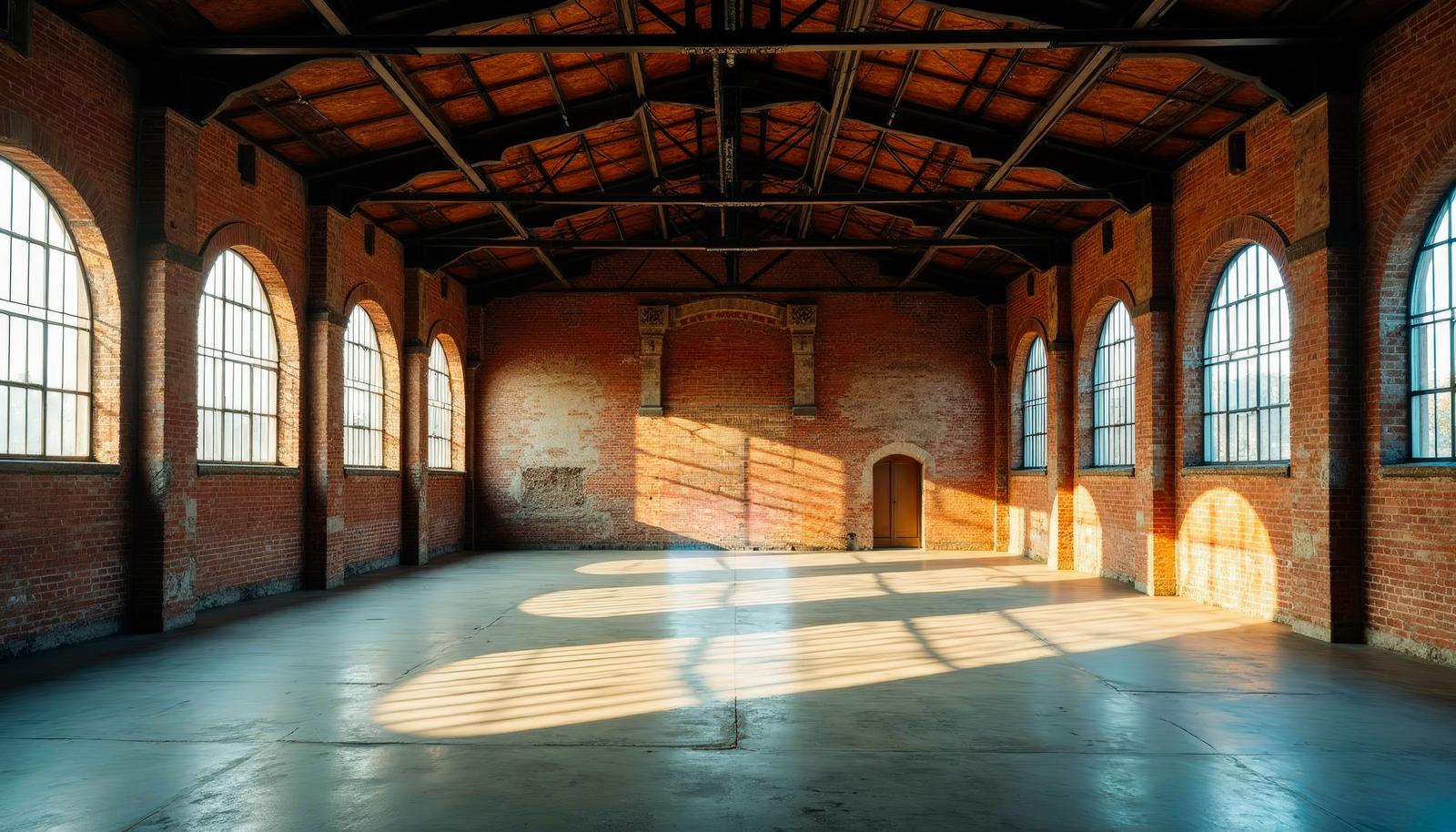 Interior of a brick warehouse with sunlight streaming through arched windows, shadows of the window frame cast on a wide empty floor