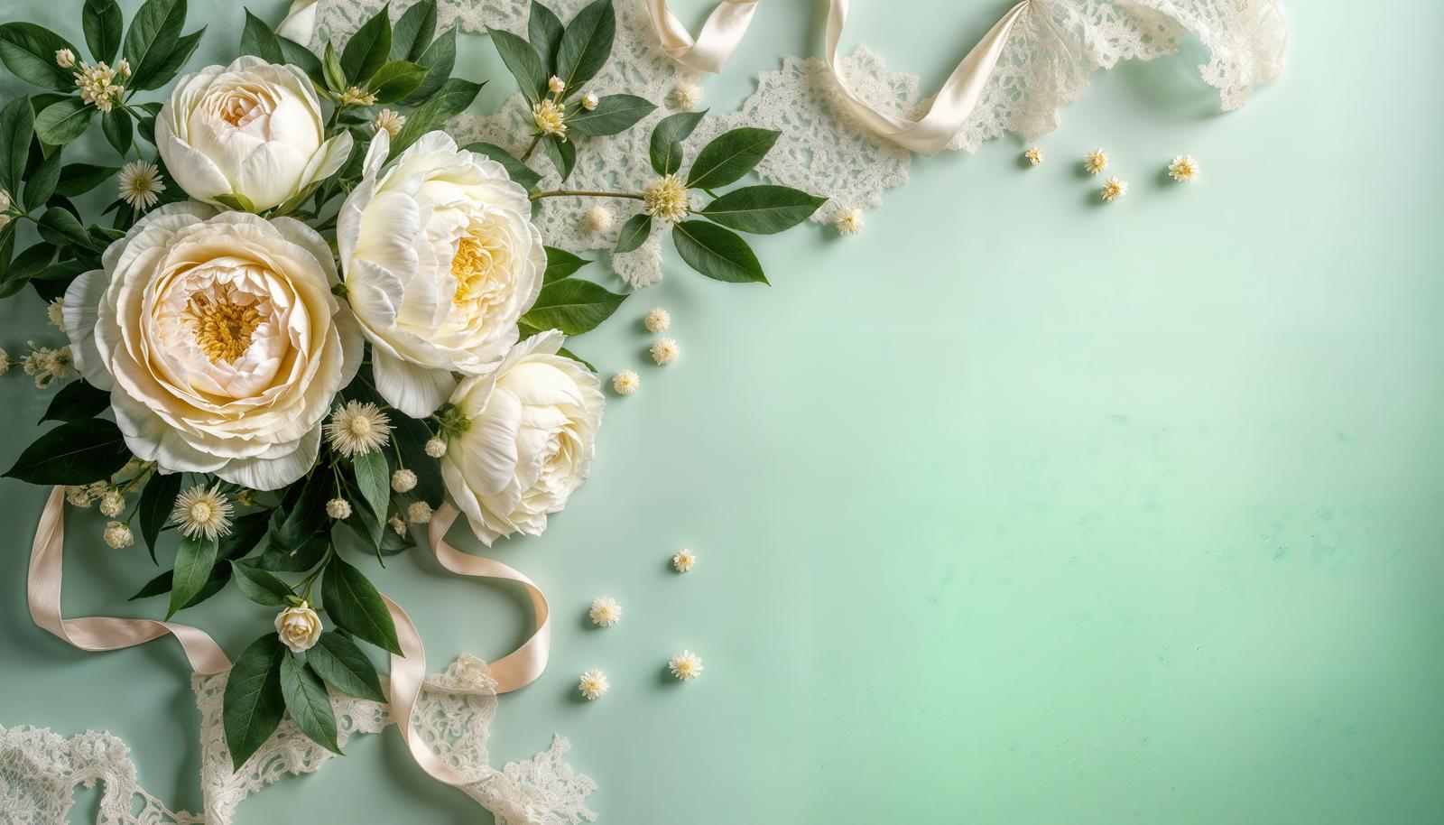 Cream roses and peonies flat lay with lace ribbon on mint green background
