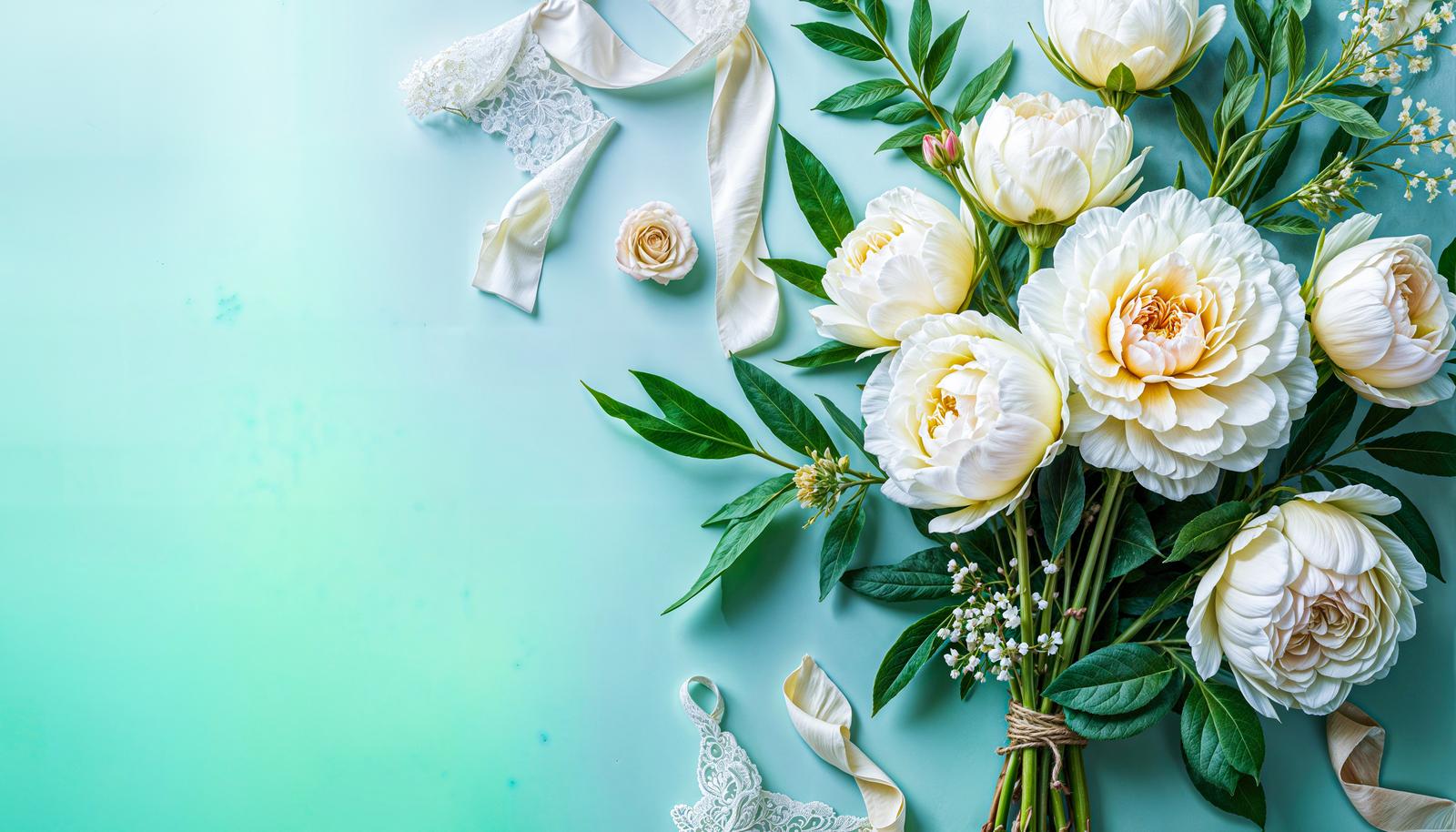 A bouquet decorated with white and cream-colored peonies and roses, white ribbons, and green leaves.