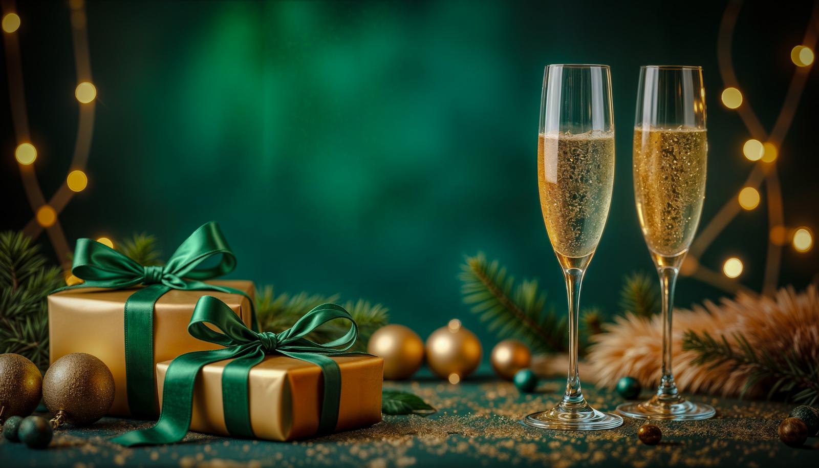 Two champagne glasses placed beside a gift box with gold ribbon, decorated with Christmas ornaments and lighting against a deep green background
