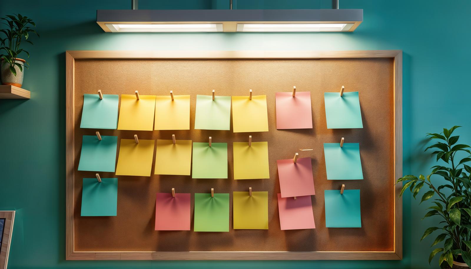 Cork bulletin board with multiple colorful sticky notes held in place with wooden clips