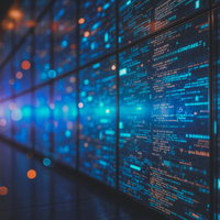 青緑色の発光コードが走るサーバー風のデータセンター調表現の写真