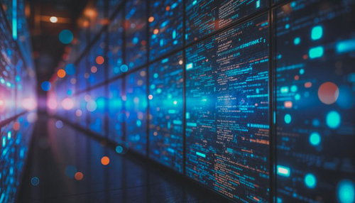 青緑色の発光コードが走るサーバー風のデータセンター調表現