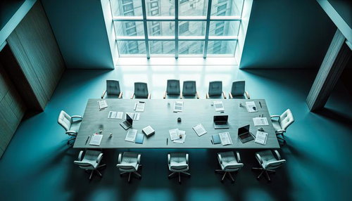 ガラス天窓と青緑色の壁面が特徴的な会議室調のインテリア