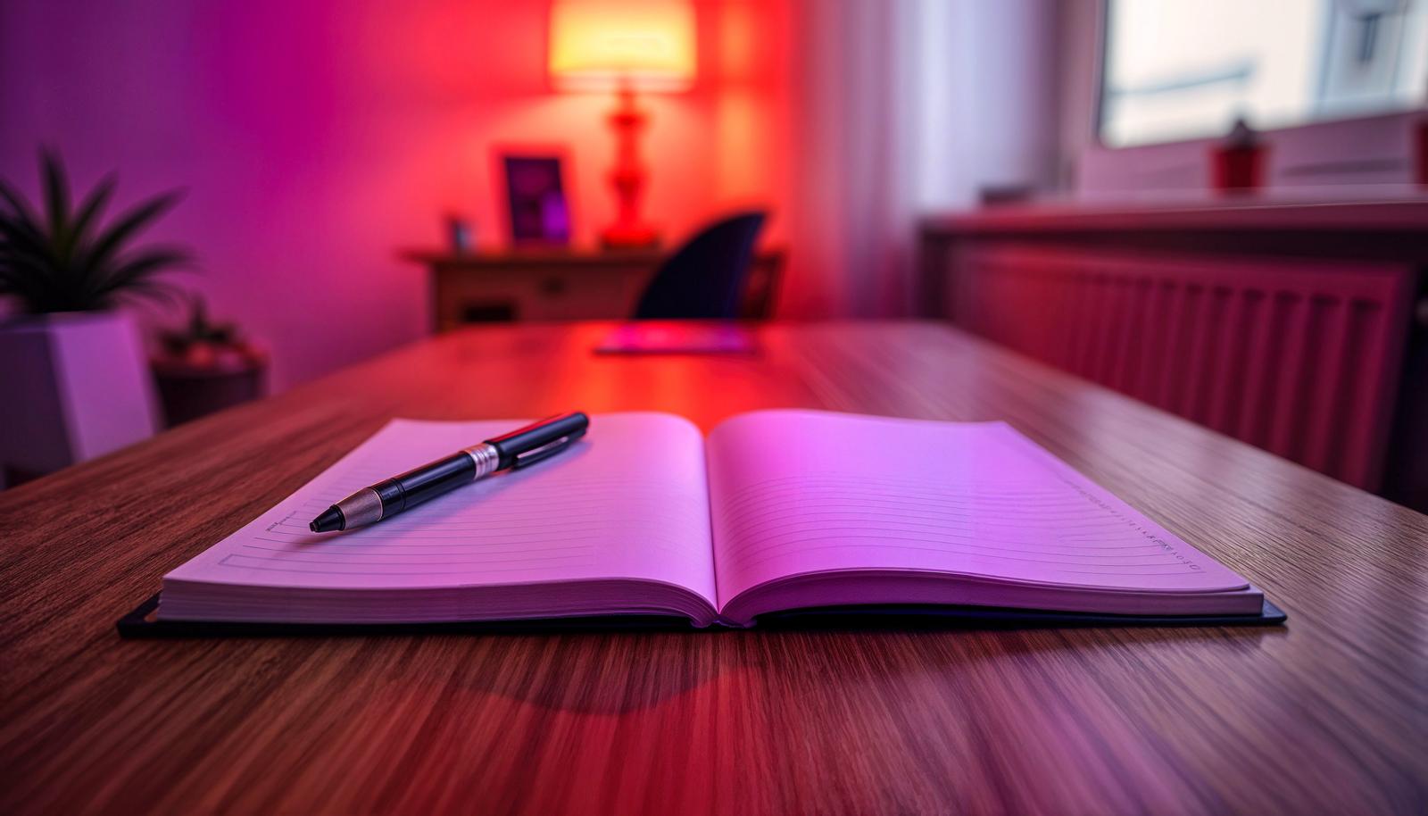 Open notebook and pen placed on an office desk illuminated by neon red-purple light